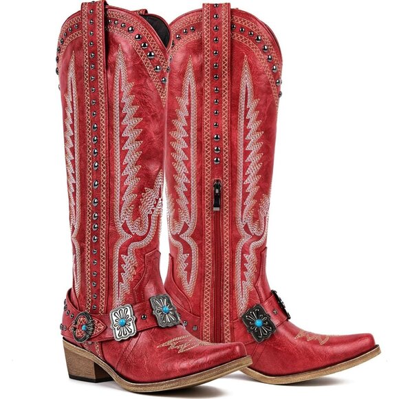 Shoes - Women's Red Leather Embroidered Knee High Chunky Heels Western Cowgirl Boots